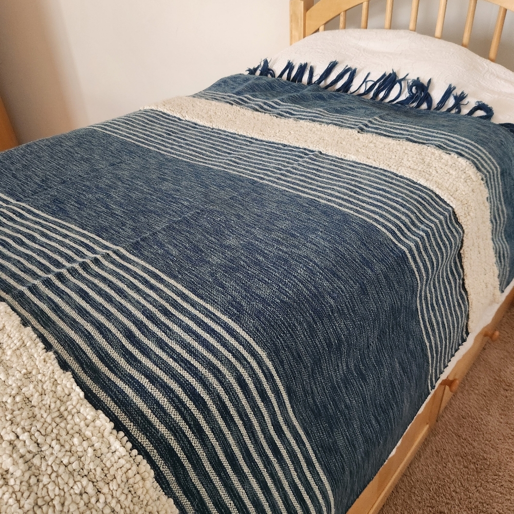MALAGOON Blanket Throw Blue White Stripes Wool Blend Textured Fringe 59 x 50 - Picture 11 of 11
